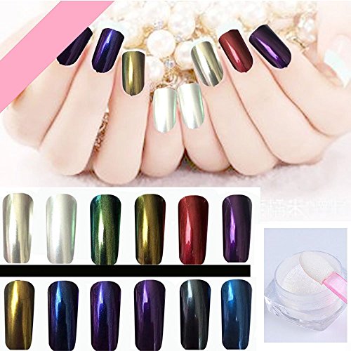 12 Box Sets Shinning Spiegel Chrom/ Nagel Pigment Mirror Powder,Nail Glitzer Spiegel Effekt Pulver Glitter, Spiegel Pulver, Mirror Nail Glitzerpuder , Nagelkunst DIY Dekoration, Nageldesign Chrome Pigment-glänzendes Metallic Nail/ Nail Glitter Puder Magic Mirror Nail Art Dekoration mit freien Nagelbürsten (12 Farben) - 2