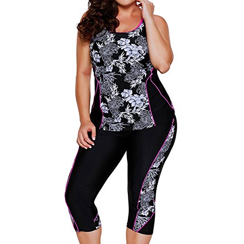 Fuyingda Women Racerback Floral Pattern Plus Size Rash Guard Tankinis Sling Vest Swimwear Two Piece Sport Surfing Swimsuit with Swim Capris Bottoms