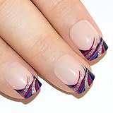 Bling Art False Nails French Manicure Glitter Purple 24 Full Cover Medium Tips