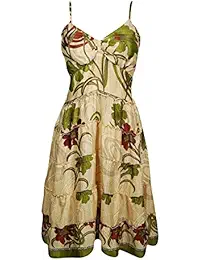 Women Sundress Spaghetti Strap Recycled Sari Printed Pattern Summer Dresses