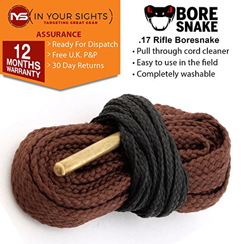 In Your Sights Rifle, Pistola, Pistola Bore Snake Cleaner. Todos los .17 de Calibre .22 .44 .243 .270 .300 9 mm 12 GA 20 GA 410 GA.17