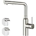 CREA Modern Kitchen Sink Mixer Tap, Kitchen Tap with Pull Out Spray 3 Functions, High Pressure Single Lever Mixer Sink Tap 360° Swivel Extendible, Stainless Steel Brushed Matte, UK Standard