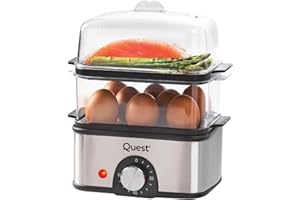 Quest 2-Tier Stainless Steel Egg Boiler & Food Steamer / 8-Hole Egg Cooker & Steaming Rack / 500ml Capacity / 60 Minute Timer & Auto Cut-Off (34349)