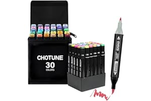 CHOTUNE Marqueurs,30 Couleurs Feutre Alcool,2023 Nouveaux Marqueurs Double Pointe,Livré Avec Une Base de Rangement Noire Pour Étui de Transport,pour Croquis de Manga.