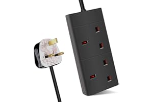 ExtraStar 2 Way Extension Lead, 13A Fused UK Plug Extension Socket, 2M Extension Cable Power Strip - Black