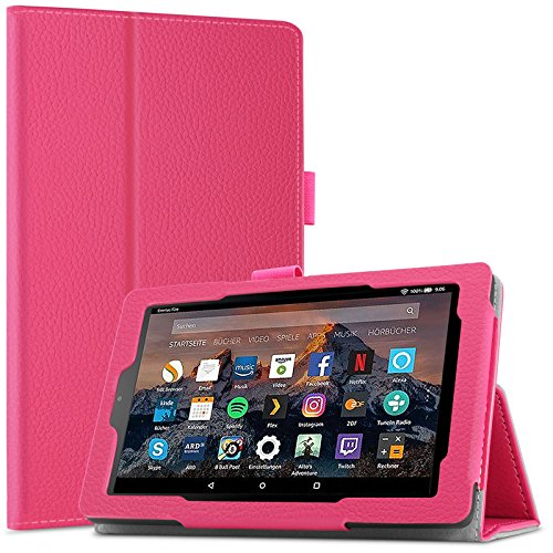 Amazon Fire 7-Hülle (7-Zoll-Tablet, 7. Generation - 2017), Infiland Slim Fit Folio PU-lederne dünne Kunstleder Schutzhülle Cover Tasche für Das neue Fire 7 (2017), 17,7 cm (7 Zoll) Display Tablet / 2015 Modell (mit Auto Schlaf / Wach Funktion)(Magenta)