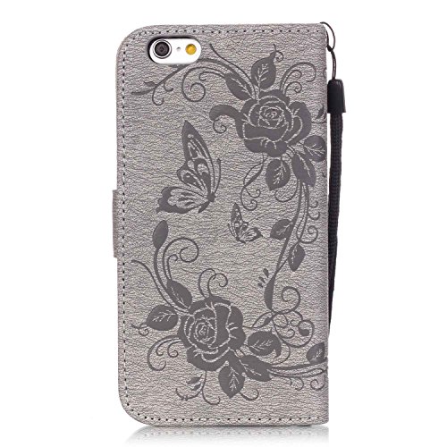 iPhone 6S / iPhone 6 Case Leather [with Free USB Charging Cable], ESSTORE-EU Elegant Butterfly Rose Patterned Embossing PU Leather Stand Function Protective Cases Covers with Card Slot Holder Wallet Book Design Fordable Strap Case for Apple iPhone 6S / iPhone 6 4.7 Inch, Grey