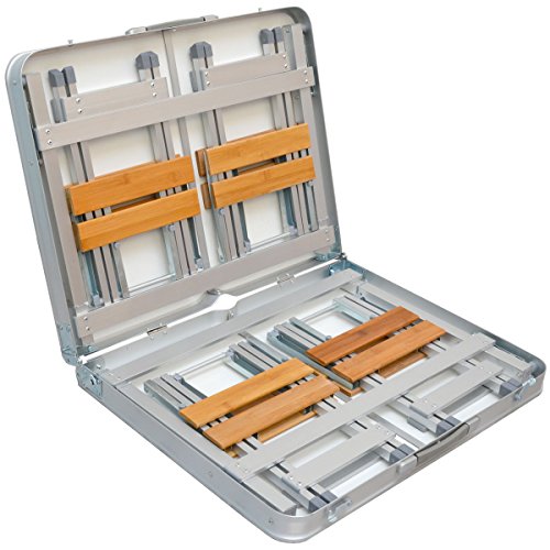 Campingtischset aus Bambus-Holz und Aluminium | Höhenverstellbarer Klapptisch und 4 Falt-Hocker | praktisches Kofferformat - 3
