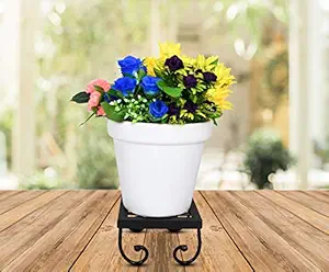 HINS Black Iron Metal Planter Stand For Bulky & Heavy Planter With 1 Set of White Cosmos Plastic Pot For Indoor & Outdoor Gardening I Plant Stands For Indoor Balcony I Plant Bench I Plant Stands I Pot Stand Single I Potted Plant Stand I Big Pots I Metal Plant Stand I Tall Outdoor Planter I Metal Casters I Large Plant Stand I Pot Stands For Garden I Indoor Plants Stand I Iron Plant Stand I Terrace Garden Stand I Garden Rack I Iron Stand For Pots I Pots Stand I I