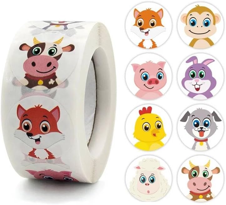 PLAYZOCO Pegatinas animales para niños, stickers decorativos infantiles, calcomanías alegres, adhesivos en rollo, 500 unidades de 2.5 cm con diseños variados y divertidos