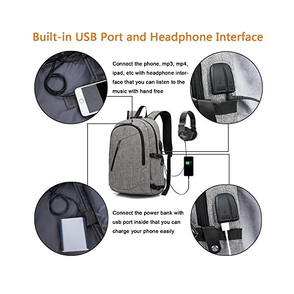 Anti-Theft Backpack, URMI Business Laptop Backpack with USB Charging Port Earphone Jack with Lock Water Resistant Bag Fits 15.6 inch Computer Daypack Rucksack for Work School College Student (Grey) - Image 4