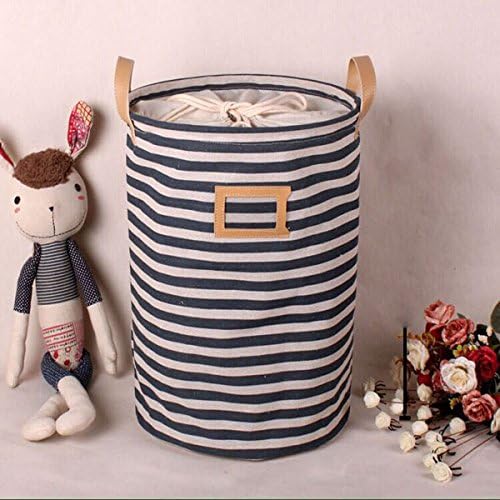 Addfun®Premium FabricFoldable Round Laundry Basket, Striped Clothes Laundry Basket Children Toys Storage Holder with Lids 35 * 45cm Blue stripes