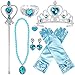 Produktbild Tacobear Prinzessin Kostüm Zubehör Set Prinzessin Krone Zauberstab Handschuhe Ohrring Halskette Armband Ring Prinzessin Schmuck für Kinder Mädchen (Blau-Prinzessin ELSA Cinderella)