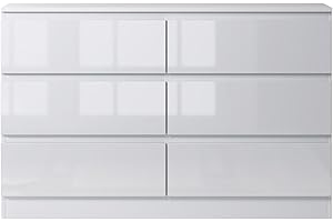 FWStyle White Gloss 6 Drawer Chest. Modern Bedroom Furniture Chest of Drawers. Matt White with White Gloss Drawer Fronts. W110 x H77 x D40cm