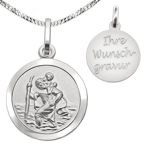 CLEVER SCHMUCK Set mit Gravur: Silberner Anhänger Mini Christopherus Ø 13 mm als Medaille, innen matt, Rand glänzend mit Kette STERLING SILBER 925 inklusive Gravur und Etui