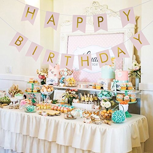 Happy Birthday Banner Papier Pompoms Blumen mit 2,5 Meter Streifen für Geburtstagsfeier Dekorationen (Rosa) - 7