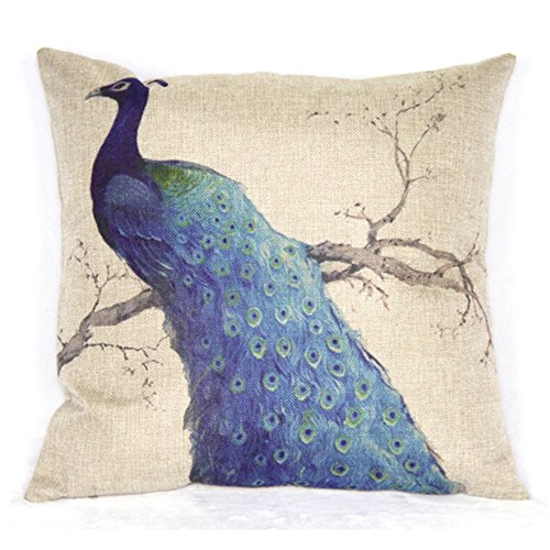 Vanki Peafowl serial soft Linen Square Decorative Throw Pillow Case Cushion Cover 18X 18 inches, blue peacock stand on the left tree pattern