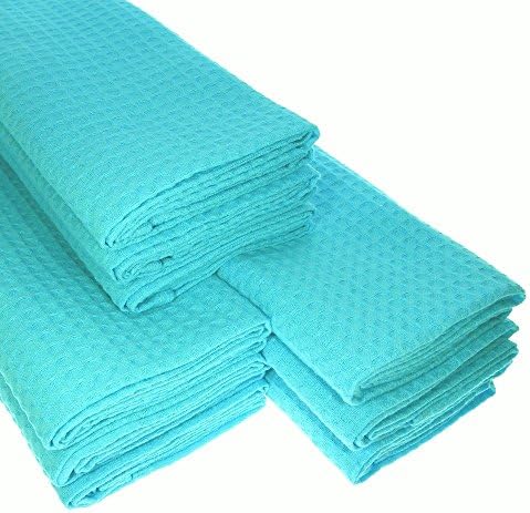 Damilo 9 x Tea Towels 100% Cotton Waffle Pique in Turquoise Kitchen Towel Cleaning Cloth