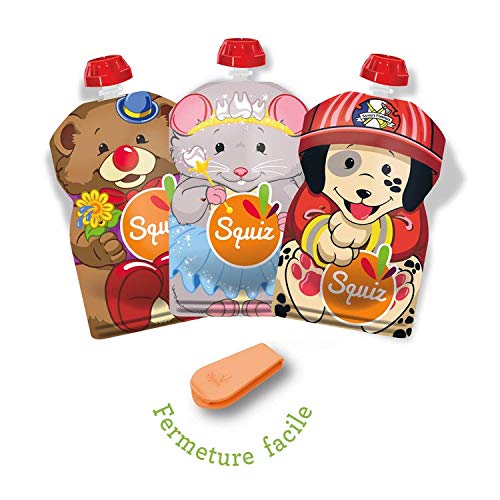 SQUIZ - 3 Bolsas de comida rellenables y reutilizables Colección"SMILE" de 130ml para batidos y purés perfectas para niños, adolescentes y adultos // Libre de BPA - HECHO EN SUIZA