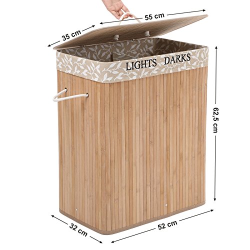 Songmics Groß 100L Bambus Faltbar Wäschekorb Bodenkorb mit 2 Fächern LIGHTS&DARKS 3 Griffe LCB65Y - 4