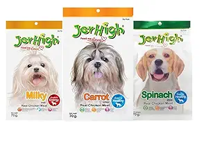 Jerhigh DogsNCats Real Chicken Food Treat Stick Milky, Carrot, Spinach Flavor 3 Pack Combo Set 70g for Dogs