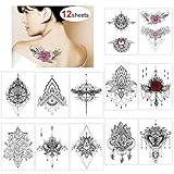 【Henna Temporary Tattoo Set für Frauen Erwachsene】 Enthält 12 Blatt temporäre Tattoo Transfer Aufkleber, eine Vielzahl von Größen Tattoos, um Ihre Bedürfnisse zu erfüllen, einschließlich Mandalas, Blumen, schöne Mehndi-Designs. Genug, damit Sie überall schimmern können, wie Arme, Handgelenke, Rücken, Knöchel, Nacken, Schultern, Beine ...