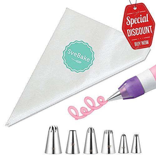 SveBake Spritzbeutel Set - 100 Stück 38cm Einweg Spritzbeutel mit 6 Spritztüllen + 1 Quick Koppler + 12 Spritzbeutel Krawatten für Kuchen, Keksen und Torten Deko