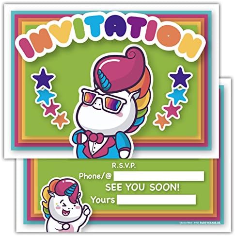 Pack of 12 Invites for Birthday Parties and Other Celebrations, Postcard Style Invitations, Size A6 - Cool Unicorn