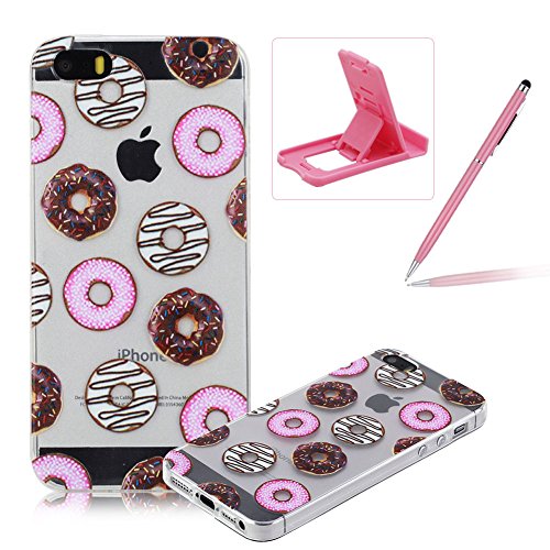 Coque iPhone 5S, Housse Etui pour iPhone SE, Herzzer iPhone 5 Coque en Silicone TPU Bumper Transparente Clair Arrière Antidérapant Case Cas Doux Gel Slim Case Ultra Mince Flexible et Souple Etui Housse Donuts Sweet Motif Rubber Skin Cover Bonne Qualité Housse de Protection pour Apple iPhone SE / 5S / 5 + 1 x Téléphone Portable Béquille + 1 x Stylet