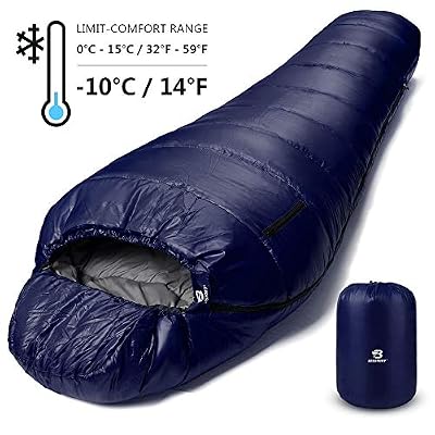 Bessport Sac de Couchage Duvet, Température Extrême -10 Degré Sac Couchage Sarcophage Grand Froid pour 3-4 Saison Camping Outdoor, Duvet Adulte Ultra-Léger et Ultra-Compact (Bleu)