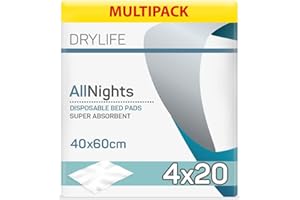 Drylife All Nights Alèses de Lit Jetables pour la Protection de la Literie ou du Fauteui | Niveau d'Absorption = 490ml - 40cm x 60cm (4 Lot de 20)