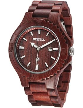 [Gesponsert]Alienwork Quarz Armbanduhr massive Naturholz Uhr Herren Uhren handgefertigt Rotes Sandelholz Holz rot UM023C-02