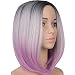 Emmet Short Bob Wig 12" Shoulder Length Soft Silk Synthetic Kanekalon Dark Roots Ombre Color Women’s Wigs 188g/Piece with Free Wig Cap & Free Wig Stand Holder (Black & Silver Gray & Light Purple)