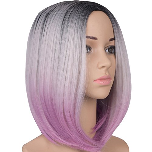Emmet Short Bob Wig 12" Shoulder Length Soft Silk Synthetic Kanekalon Dark Roots Ombre Color Women’s Wigs 188g/Piece with Free Wig Cap & Free Wig Stand Holder (Black & Silver Gray & Light Purple)