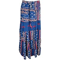 Mogul Interior Women Long Skirts Blue Printed A-Line Boho Gypsy Flare Skirts XL