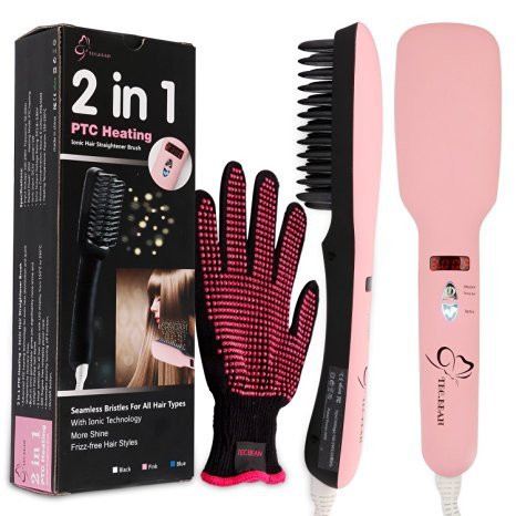 2-in-1 Ionic Hair Straightener Brush PTC Heating Hair Straightening Irons 5 Heat Settings for Different Hair Types 360 Rotatable Power Cord with Heat Resistant Glove