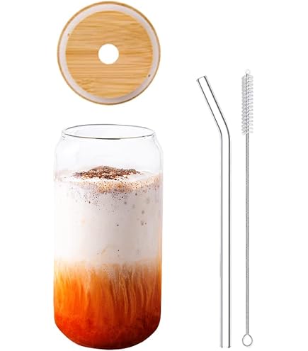 YAOYYG Verre Avec Paille 16 Oz - Élégant Verre à Boisson Avec Couvercle Bois Et Paille Réutilisable
