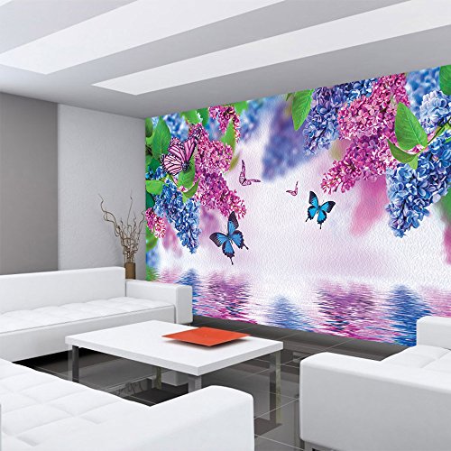 Vlies Fototapete 400×280 cm PREMIUM PLUS Wand Foto Tapete Wand Bild Vliestapete – Blumen Tapete Flieder Schmetterling Wasser lila – no. 418 - 6