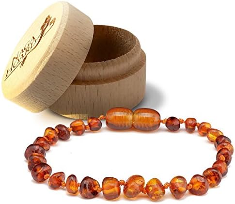 Naga Hoard Baroque Shaped Baltic Amber Anklet / Bracelet with a Natural Wood Gift Box (Cognac, 14)