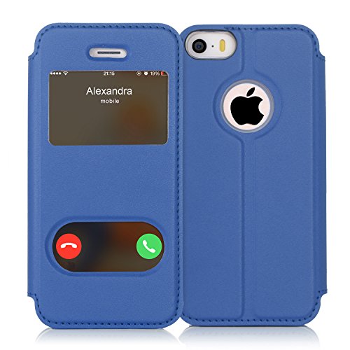 Coque iPhone SE, Coque iPhone 5S, Coque iPhone 5, Fyy® Housse Magnetique Smart View avec Fenêtre d'Ouverture pour Apple iPhone SE/5S/5 Bleu Foncé