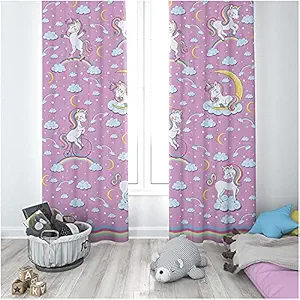 RIYANSH Sales 3D Pink Unicorn Star Digital Printed Polysrin Fabric Designer Classic Curtains for Bed Room Kids Room Window-Door-Long Door (Window, 2)