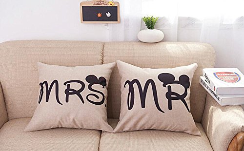 iTemer Kissenbezug Leinen Baumwolle Kissenbezug Karikatur Mr und Mrs Muster 2Pcs - 7