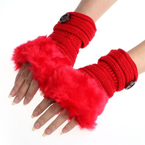 Preisvergleich Produktbild Weihnachtsgeschenk Frauen Handschuhe SHOBDW Damen Warm Winter Faux Kaninchenfell Handgelenk Fingerlose Handschuhe Fäustlinge (Rot)