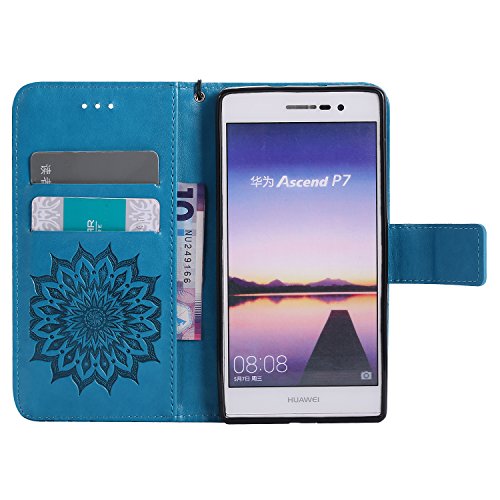 Ascend P7 Hülle,Huawei P7 Hülle,Huawei Ascend P7 Hülle,Huawei Ascend P7 Leder Wallet Tasche Brieftasche Schutzhülle,Cozy Hut® Prägung Sunflower Muster PU Lederhülle Flip Hülle im Bookstyle Cover Schale Stand Ständer Etui Karten Slot Schutzhülle Blue Tasche Wallet Case für Huawei Ascend P7 (5,0 Zoll) – blau - 7