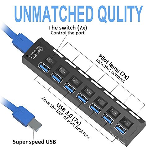 Tumao USB 3.0 Hub 7 Ports mit Netzteil , USB 3.0 Datenhub 7 Ports Adapter Super Speed mit 5V 2A USB Power Adapter unabhängige externe Ladegerät Für iMac, MacBooks, PCs und Laptops, Tablet - 2