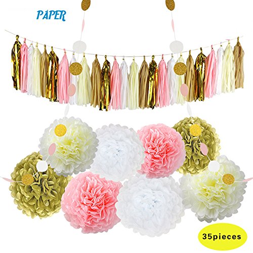 Paxcoo 35 Stk. Minze Gold Tissue Papier Pom Poms Quaste Girlande für Baby Dusche Party Dekorationen