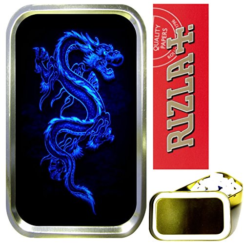 TEEZBLUE DRAGON SMOKING SET, 1oz GOLD TOBACCO TIN WITH RED RIZLA PAPERS,SMOKING TIN WITH CIGARETTE FILTERS & CIGARETTE TIPS