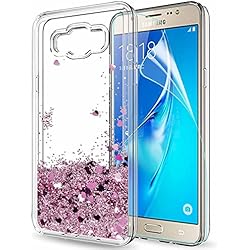LeYi Funda Samsung Galaxy J7 2016 Silicona Purpurina Carcasa con HD Protectores de Pantalla,Transparente Cristal Bumper Telefono Gel TPU Fundas Case Cover Para Movil Galaxy J7 2016 Oro Rosa