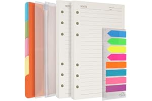 MALEDEN A6 Nachfüllpapier, 2 Packungen mit 200 linierten Seiten, 5 farbige Binder-Teiler, 160 PCS-Registerkarten mit Lineal, 2 PCS-Binder-Taschen für nachfüllbaren Journal Notebook Planner Organizer