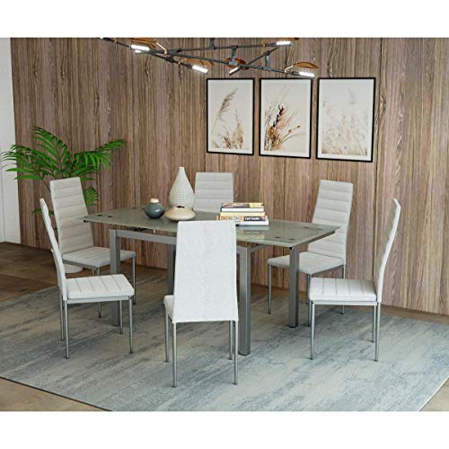 Mobilier Deco Table à Manger en Verre avec 2 rallonges Extensible + 6 chaises Blanche Born